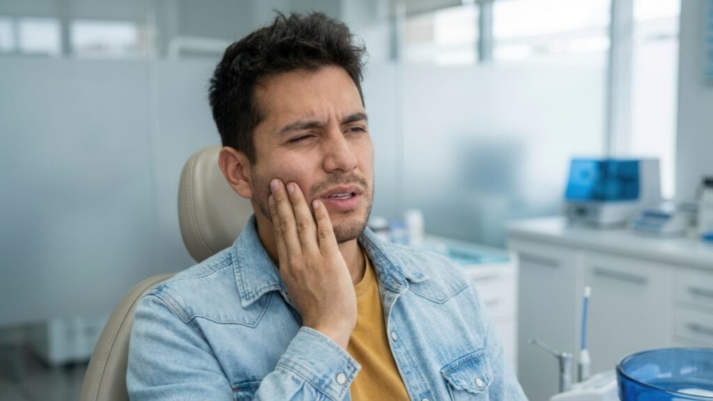Dental patient in chair touching cheek.